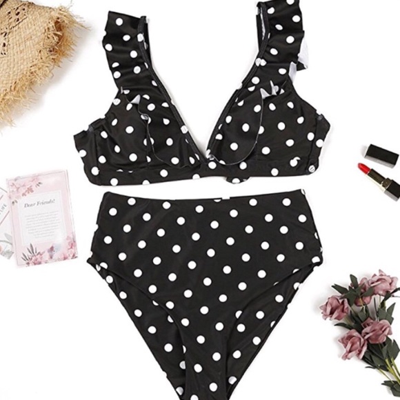 Black Polka Dot Retro High Waist Bikini Swimsuit - Picture 1 of 8